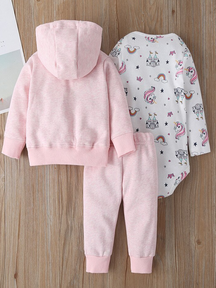 Baby Beary Cute Unicorn Kingdom Romper, Hooded Jacket, And Legging Set