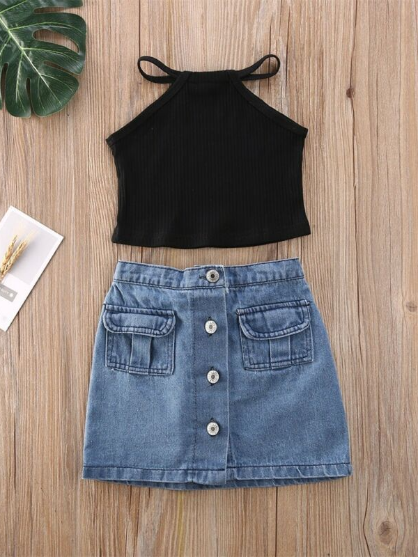 Girls Spring Outfits | Button-Down Denim Skirt & Black Halter Top Set