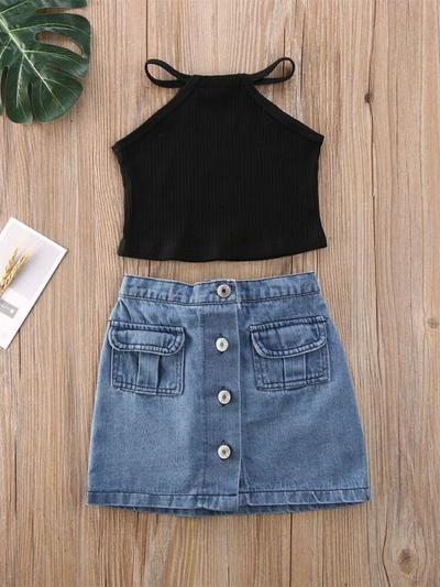 Girls Spring Outfits | Button-Down Denim Skirt & Black Halter Top Set