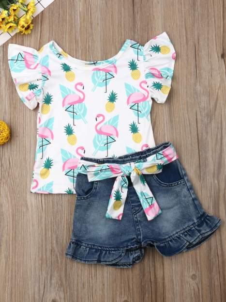 Girls Spring Outfits | Ruffle Graphic Top & Belted Denim Shorts Set