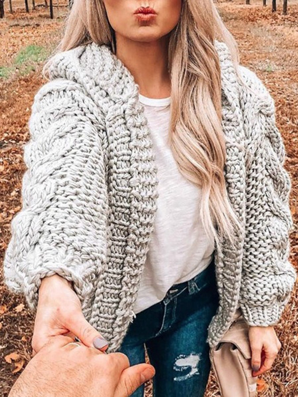 Women's Chills Begone Braid Knit Hooded Cardigan Grey