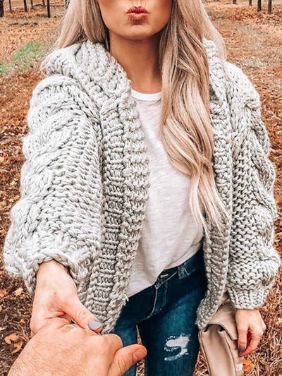Women's Chills Begone Braid Knit Hooded Cardigan Grey
