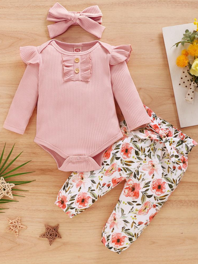 Baby Floral Pants Please 3 Piece Romper And Leggings Set Pink