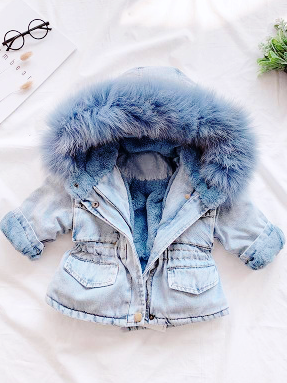 Baby Lush Faux Fur Lined Denim Hooded Jacket - Blue