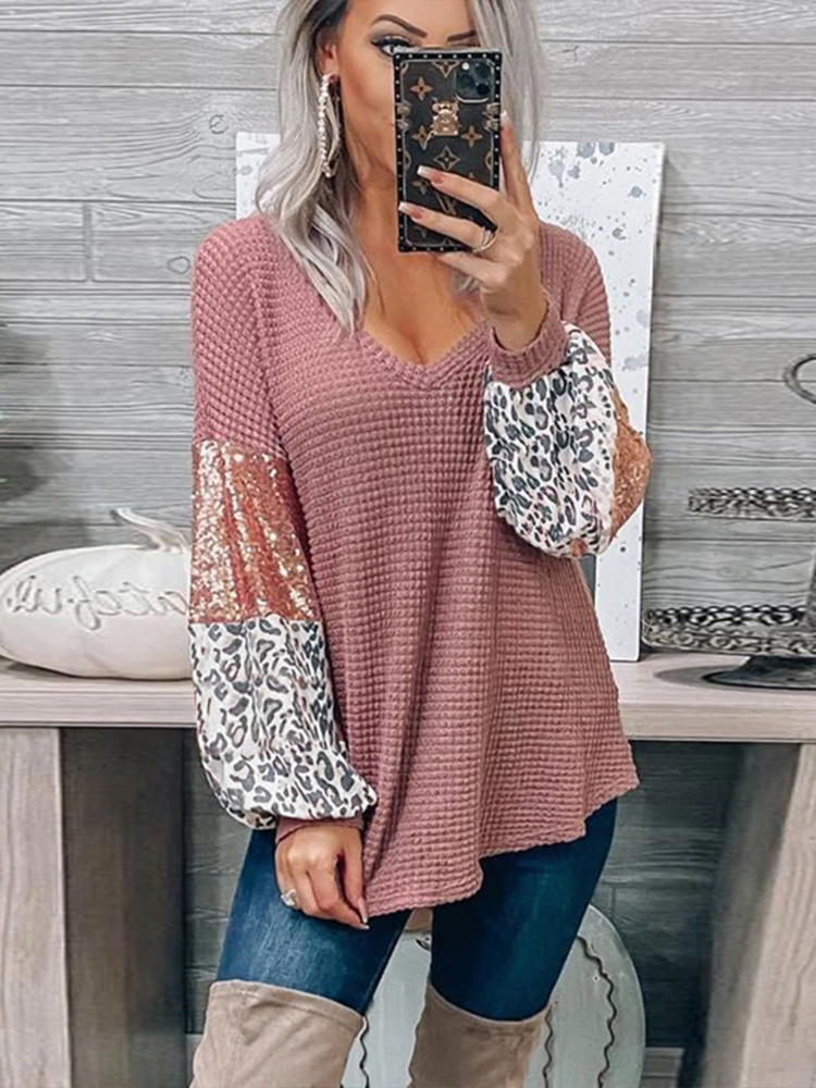 Women's Sequin and Leopard Long-Sleeved Top