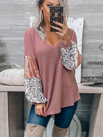 Women's Sequin and Leopard Long-Sleeved Top