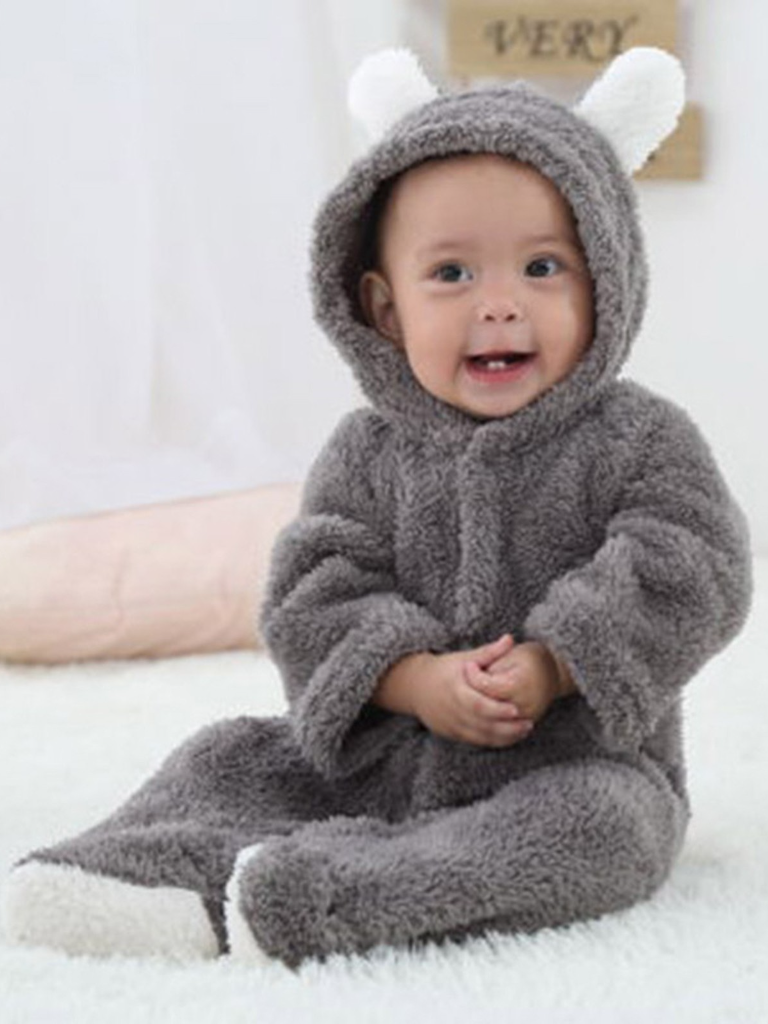 Baby Little Teddy Bear Fleece Onesie with Footies - Grey