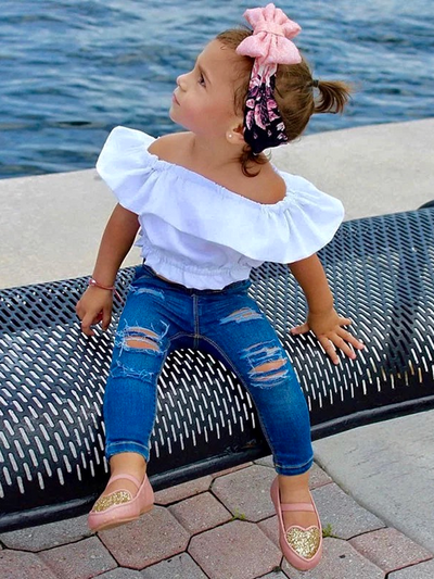 Girls Spring Outfits | Ruffle Bib White Top & Ripped Jeans Set