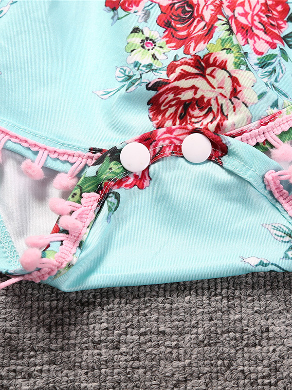 Baby Spring floral onesie with pom pom hem and matching headband