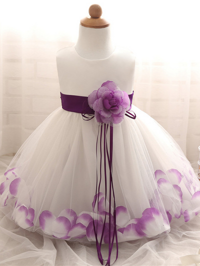 Baby Dress with Flower pedal hem and belt with flower applique purple