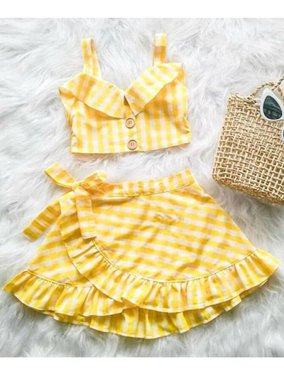 Girls Cute Outfit Ideas | Girls Yellow Plaid Top & Wrap Skirt Set