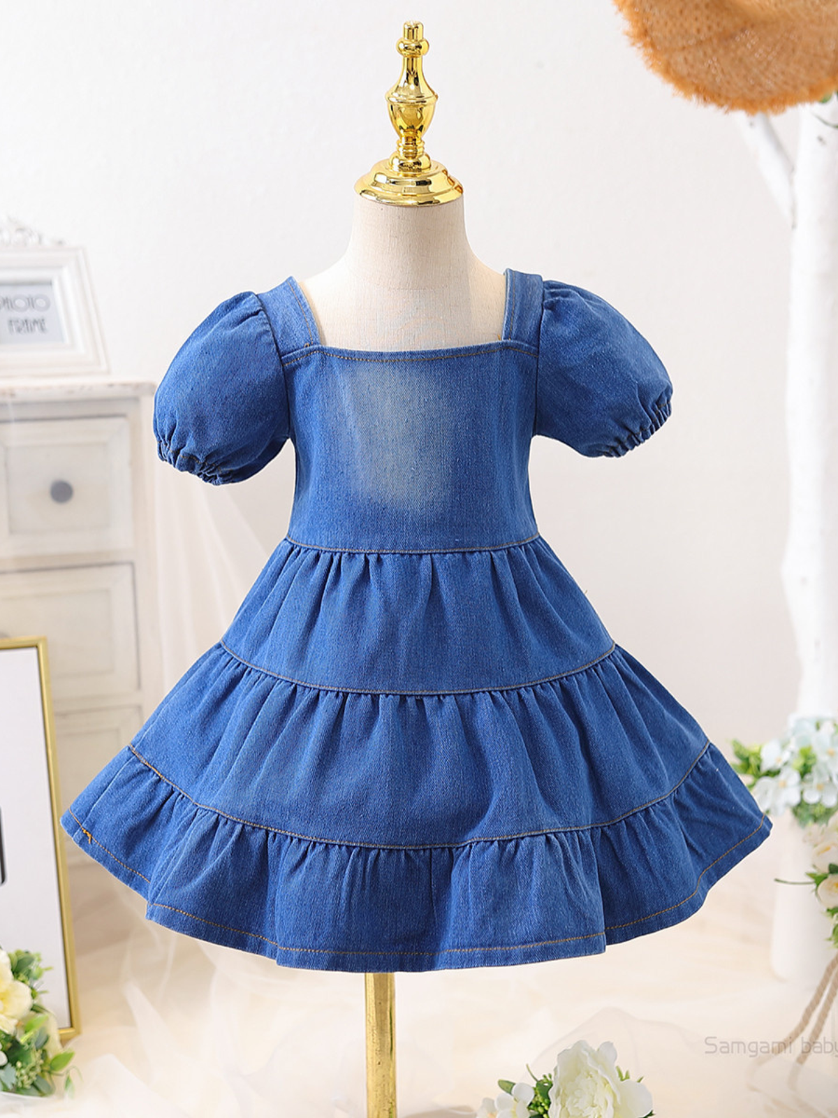 At The Parade Puff Sleeve Denim Dress