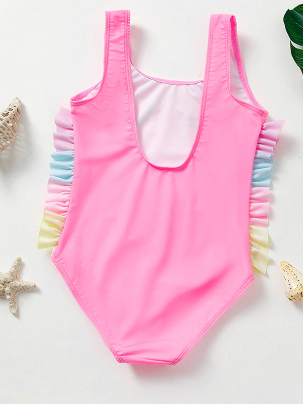 Kids One Piece Swimwear | Girls Pink Rainbow Unicorn Ruffle Swimsuit