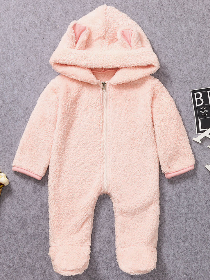 Baby hooded jumpsuit/onesie with little ears on the hood, front zipper closure, and footies