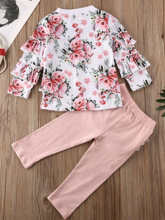 Baby set features a long-sleeved ruffled top and ruffled leggings