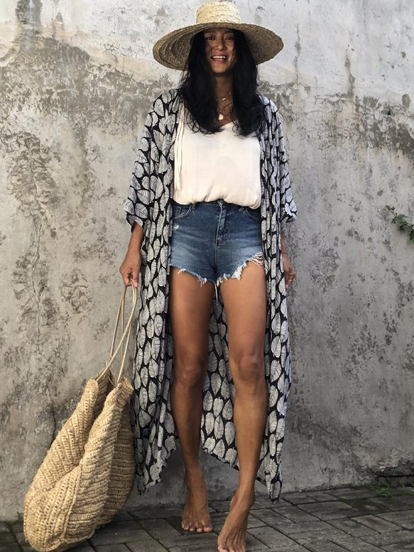 Women's Leaf Print Kimono Cover Up - Black