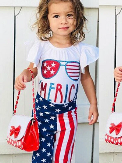 Girls 'Merica Flutter Sleeve Blouse and  Star Striped Pants Set