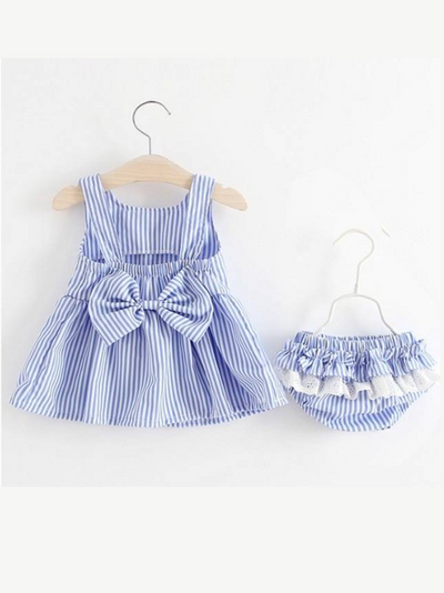 Baby Striped dress with bow at the back and ruffled matching bloomers