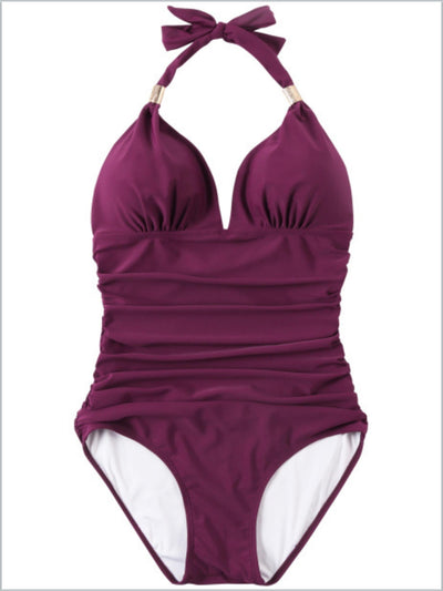 Women's Ruched Halter Top One Piece Swimsuit