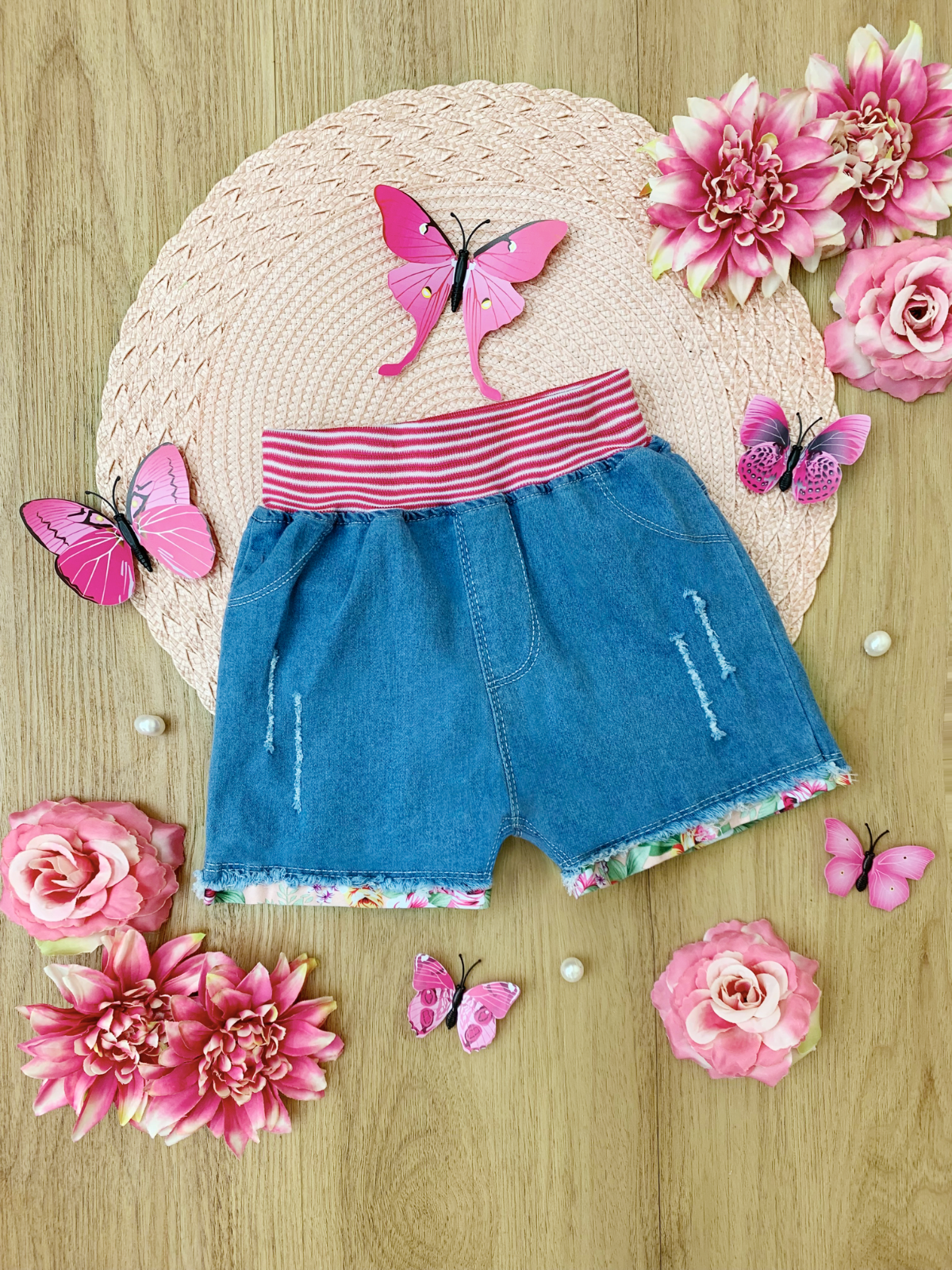 Toddlers Spring Shorts | Girls Floral Heart Embellished Denim Shorts