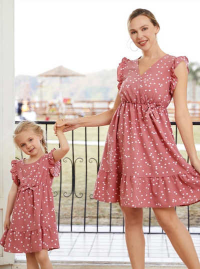 Mommy & Me | Matching Dress | Short Sleeve Polka Dot Ruffle Wrap Dress