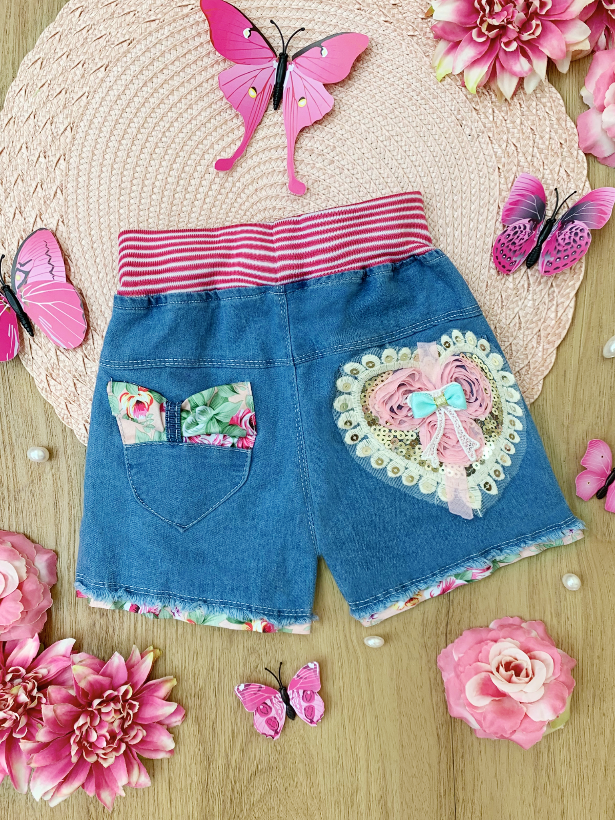 Toddlers Spring Shorts | Girls Floral Heart Embellished Denim Shorts