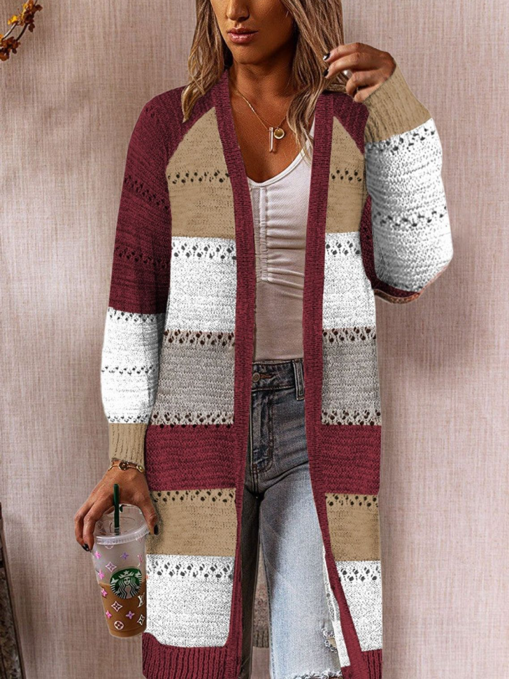 Women's Color Block Charisma Knee Length Cardigan Burgundy