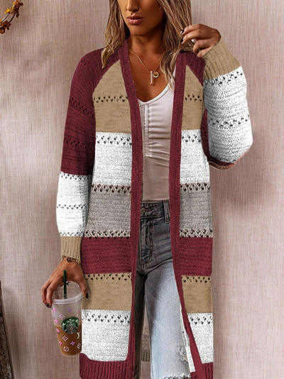 Women's Color Block Charisma Knee Length Cardigan Burgundy