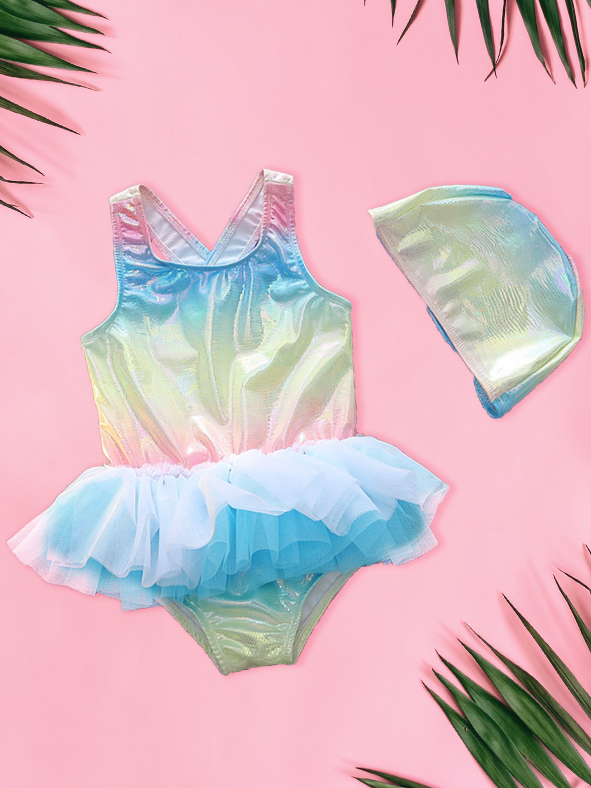 Rainbow Tutu One Piece Swimsuit and Cap Set
