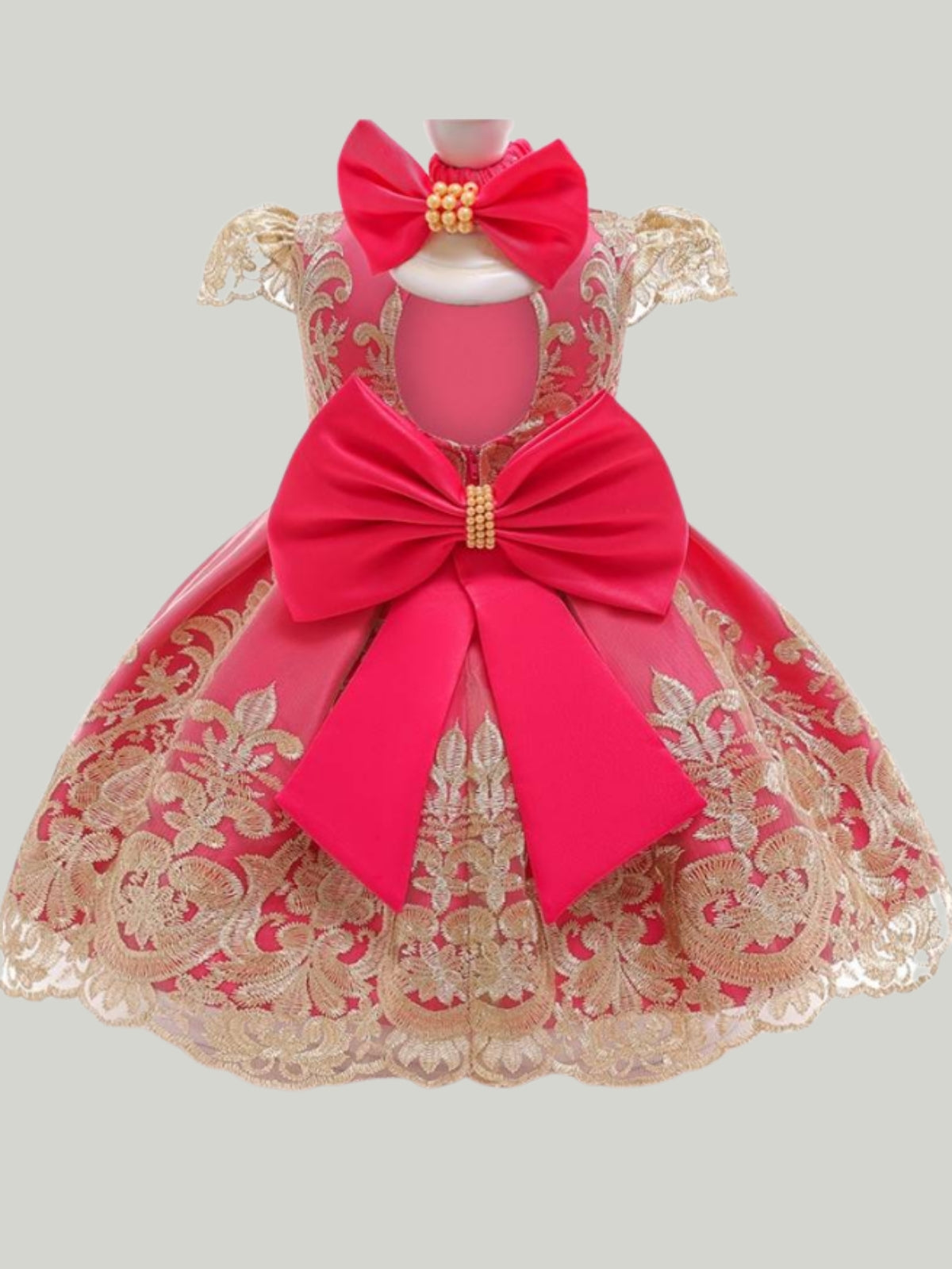 Baby Floral Lace Embroidered Beaded Dress with Bow-Blue