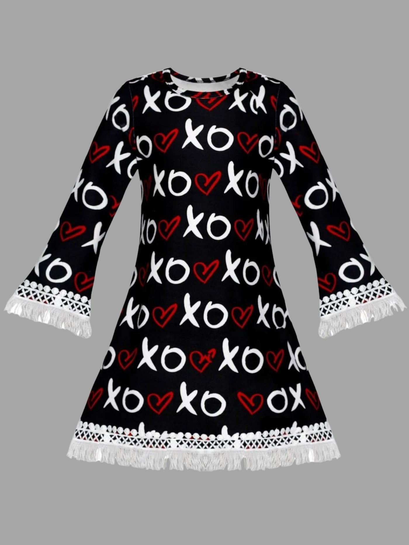 Kids Valentine's Clothes | Girls XO Heart Print Crochet Trim Dress 