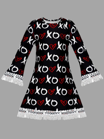 Kids Valentine's Clothes | Girls XO Heart Print Crochet Trim Dress 