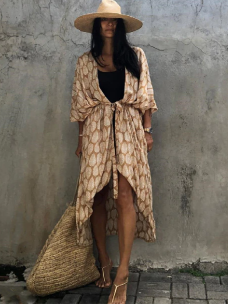 Women's Leaf Print Kimono Cover Up - Beige