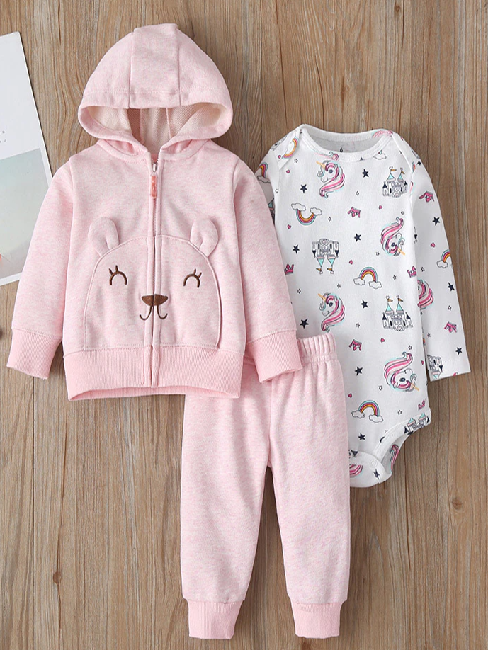 Baby Beary Cute Unicorn Kingdom Romper, Hooded Jacket, And Legging Set
