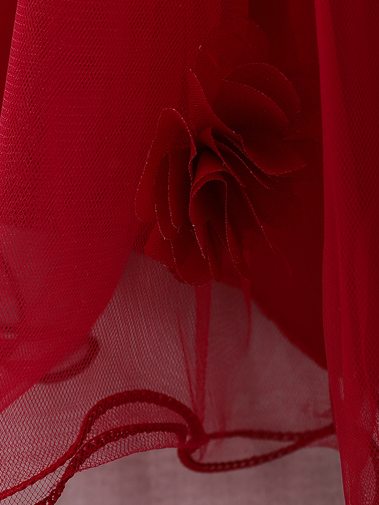 The dress has a bodice with flower applique and tulle skirt