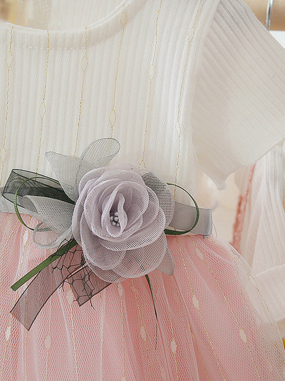 Baby Spring dress has a tulle overlay and a satin belt with a flower applique Pink-White