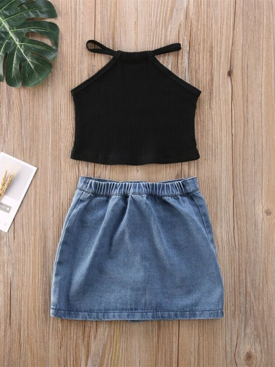 Girls Spring Outfits | Button-Down Denim Skirt & Black Halter Top Set