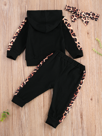 Baby 'Mama's Mini' Hooded Leopard Lined Sweatshirt and Pants Set Black