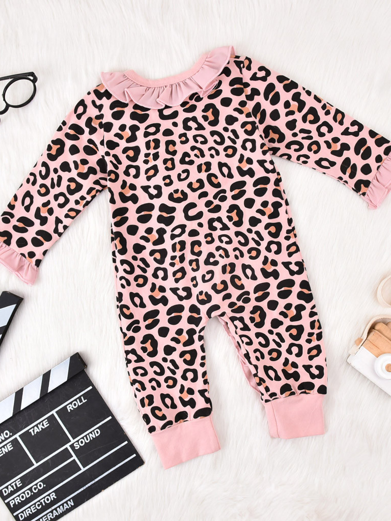 Baby Leopard Print Ruffle Long Sleeve Onesie With Headband Pink