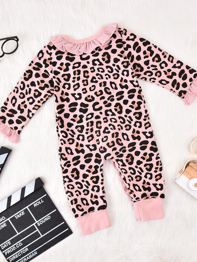 Baby Leopard Print Ruffle Long Sleeve Onesie With Headband Pink