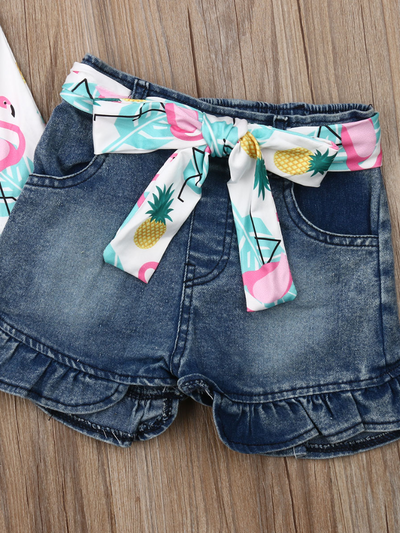 Girls Spring Outfits | Ruffle Graphic Top & Belted Denim Shorts Set