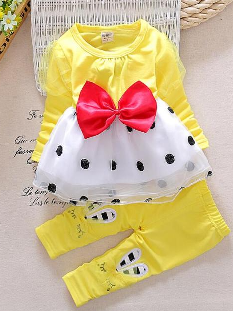 Baby Polka Dot Darling Skirted Long Sleeve Shirt and Pants Set Yellow