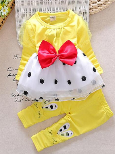 Baby Polka Dot Darling Skirted Long Sleeve Shirt and Pants Set Yellow