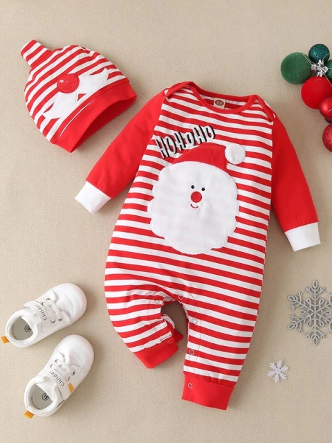 Baby Ho-Ho-Ho Santa Striped Raglan Onesie with Matching Hat Set - Mia Belle Girls