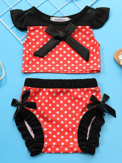 Girls Two Piece Swimsuits | Polka Dot Sheer Collar Two Piece Swimsuit