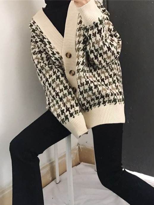 Women's Vintage Plaid Vixen Button Down Cardigan Beige