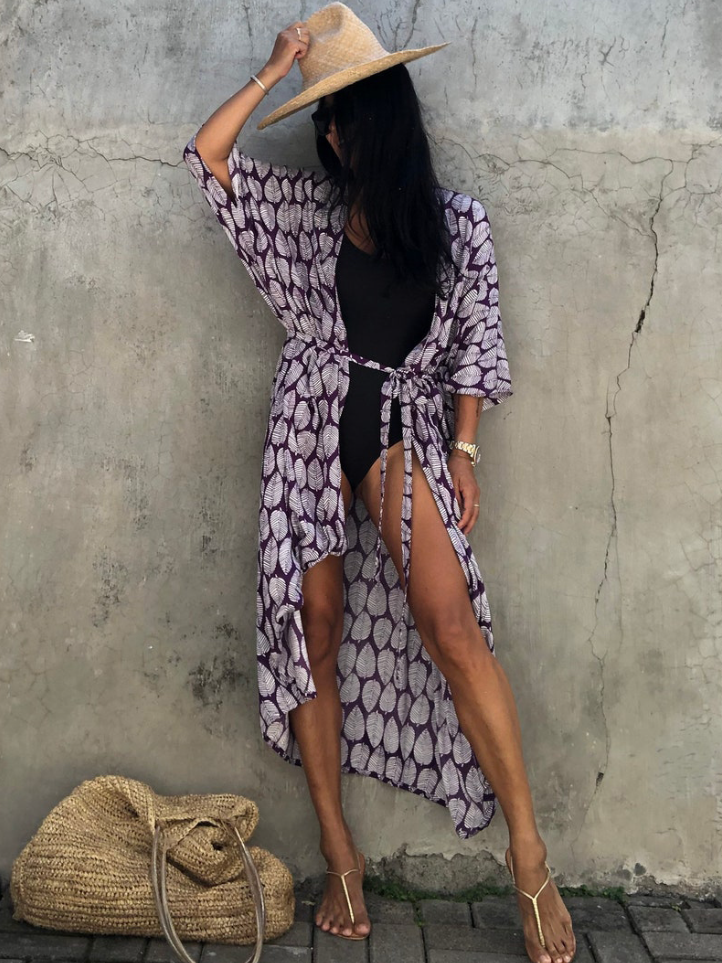 Women's Leaf Print Kimono Cover Up - Purple