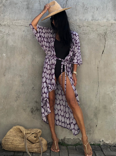 Women's Leaf Print Kimono Cover Up - Purple