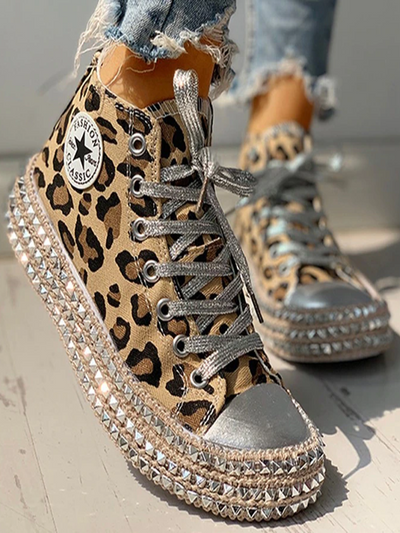 Women's Studded High Top Canvas Sneakers By Liv and Mia - Mia Belle Girls - Leopard