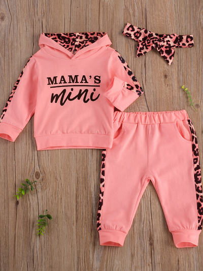 Baby 'Mama's Mini' Hooded Leopard Lined Sweatshirt and Pants Set Pink